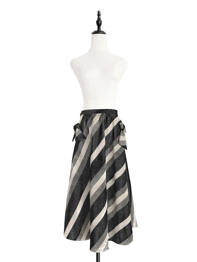 驚喜促銷!天鵝絨條紋牛仔繫帶蝴蝶結口袋全中長裙