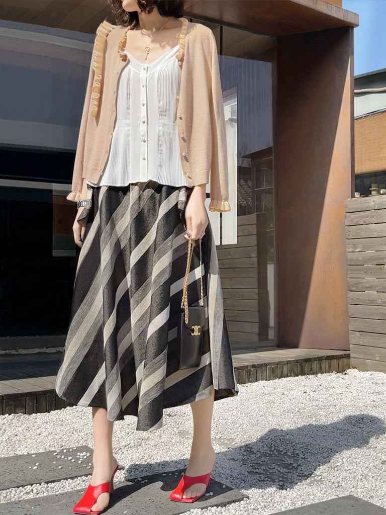 驚喜促銷!天鵝絨條紋牛仔繫帶蝴蝶結口袋全中長裙