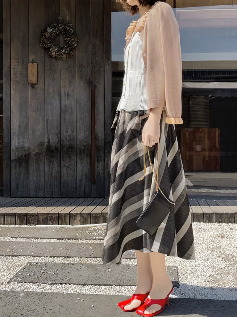 驚喜促銷!天鵝絨條紋牛仔繫帶蝴蝶結口袋全中長裙