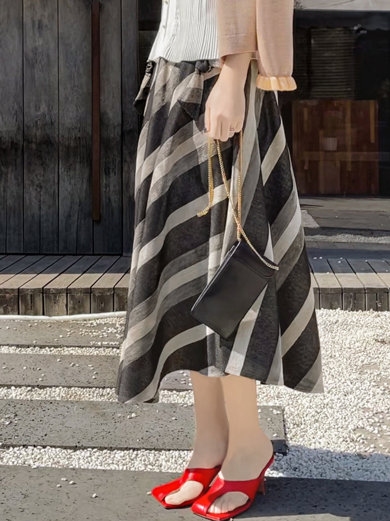 驚喜促銷!天鵝絨條紋牛仔繫帶蝴蝶結口袋全中長裙