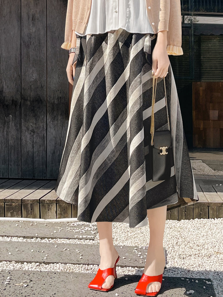 驚喜促銷!天鵝絨條紋牛仔繫帶蝴蝶結口袋全中長裙