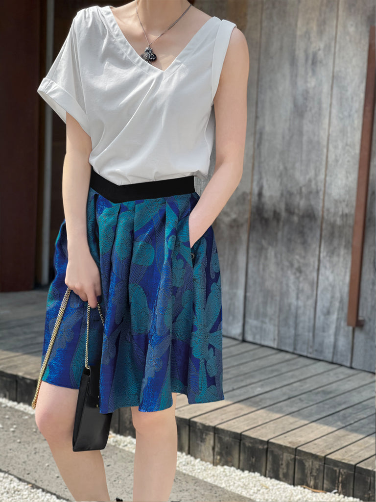 驚喜促銷!藍色印花 V 腰超喇叭提花裙