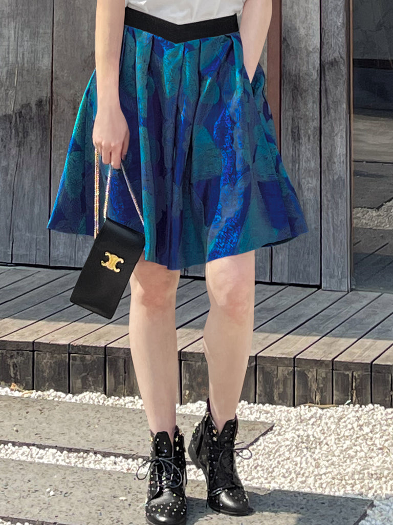 驚喜促銷!藍色印花 V 腰超喇叭提花裙