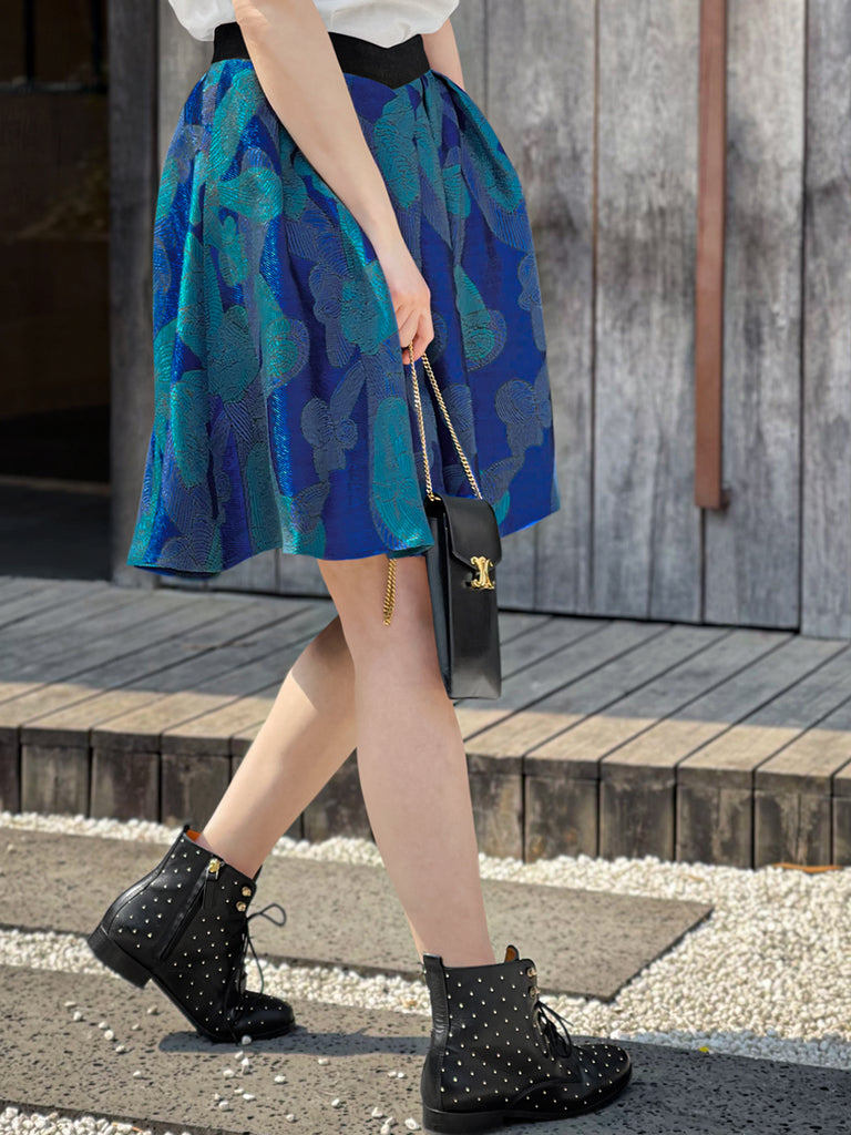 驚喜促銷!藍色印花 V 腰超喇叭提花裙