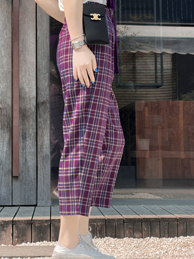 Surprise Sale! Magenta Checks Relax Fit Pleated Crop Trousers