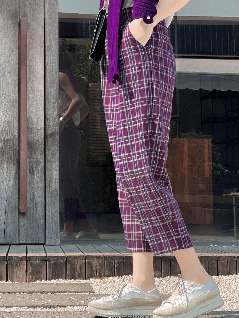 Surprise Sale! Magenta Checks Relax Fit Pleated Crop Trousers