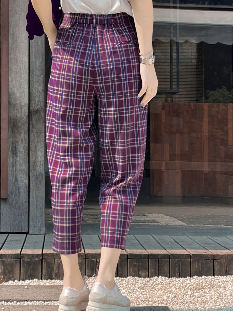 Surprise Sale! Magenta Checks Relax Fit Pleated Crop Trousers