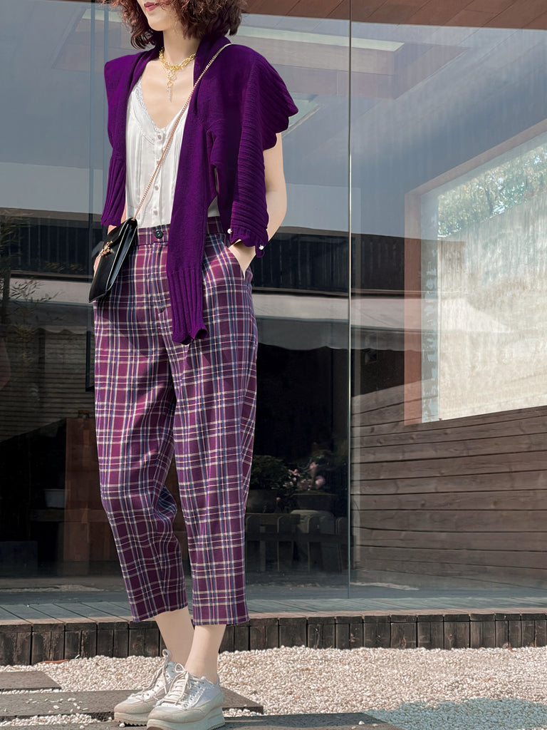 Surprise Sale! Magenta Checks Relax Fit Pleated Crop Trousers