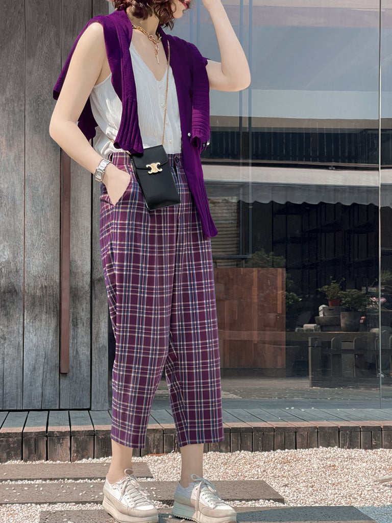 Surprise Sale! Magenta Checks Relax Fit Pleated Crop Trousers