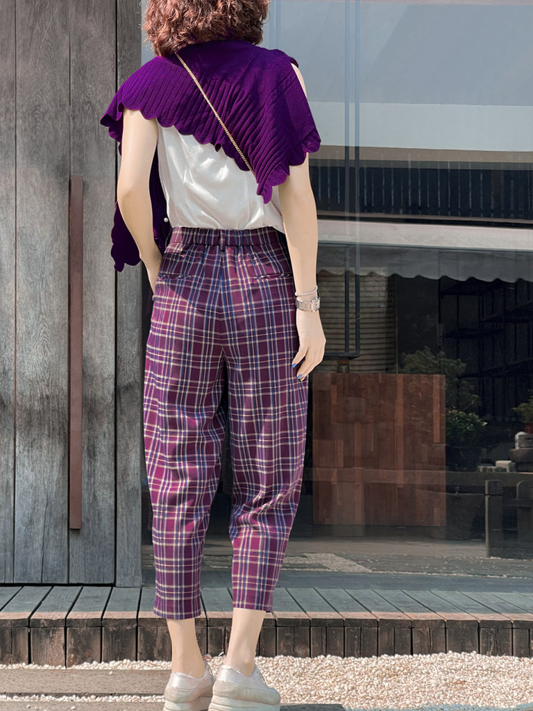 Surprise Sale! Magenta Checks Relax Fit Pleated Crop Trousers