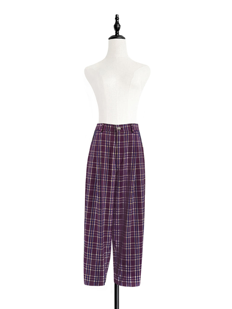 Surprise Sale! Magenta Checks Relax Fit Pleated Crop Trousers