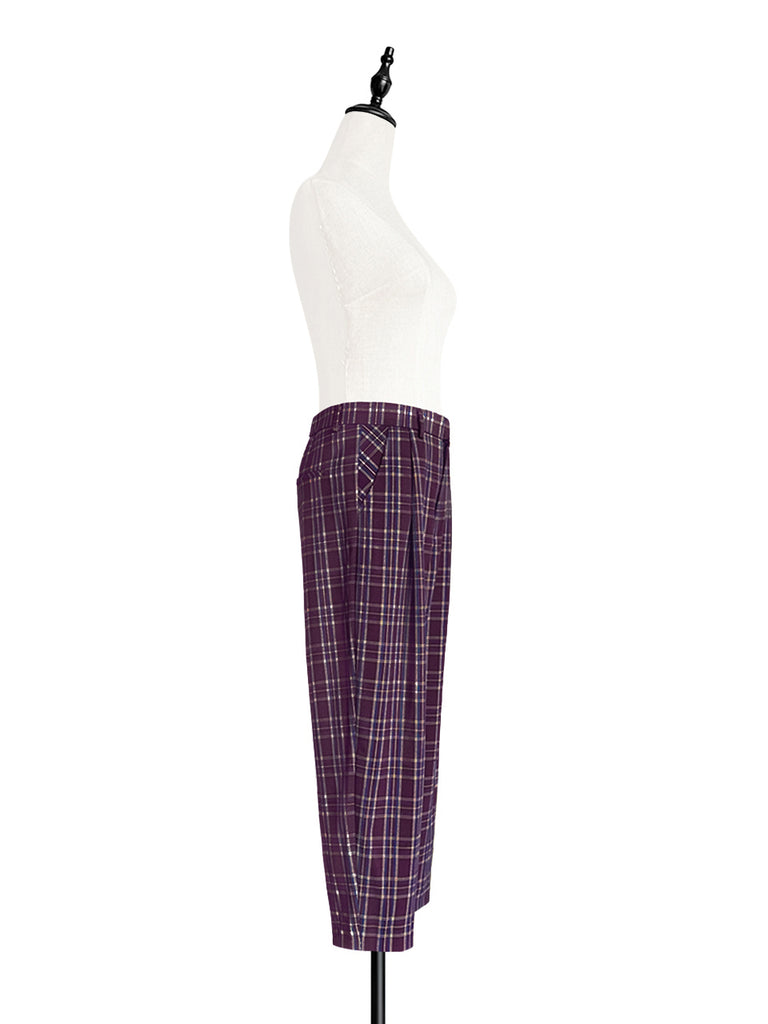 Surprise Sale! Magenta Checks Relax Fit Pleated Crop Trousers