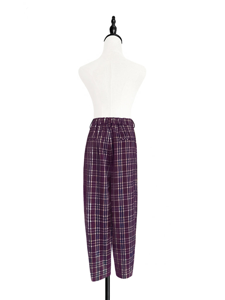 Surprise Sale! Magenta Checks Relax Fit Pleated Crop Trousers