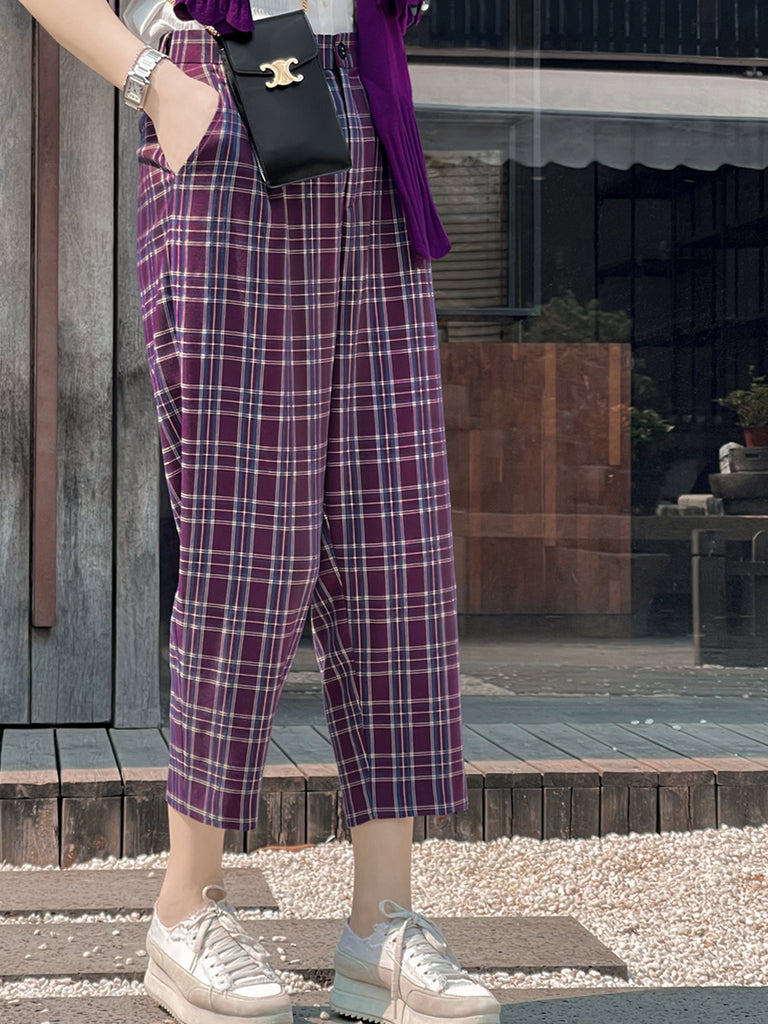 Surprise Sale! Magenta Checks Relax Fit Pleated Crop Trousers