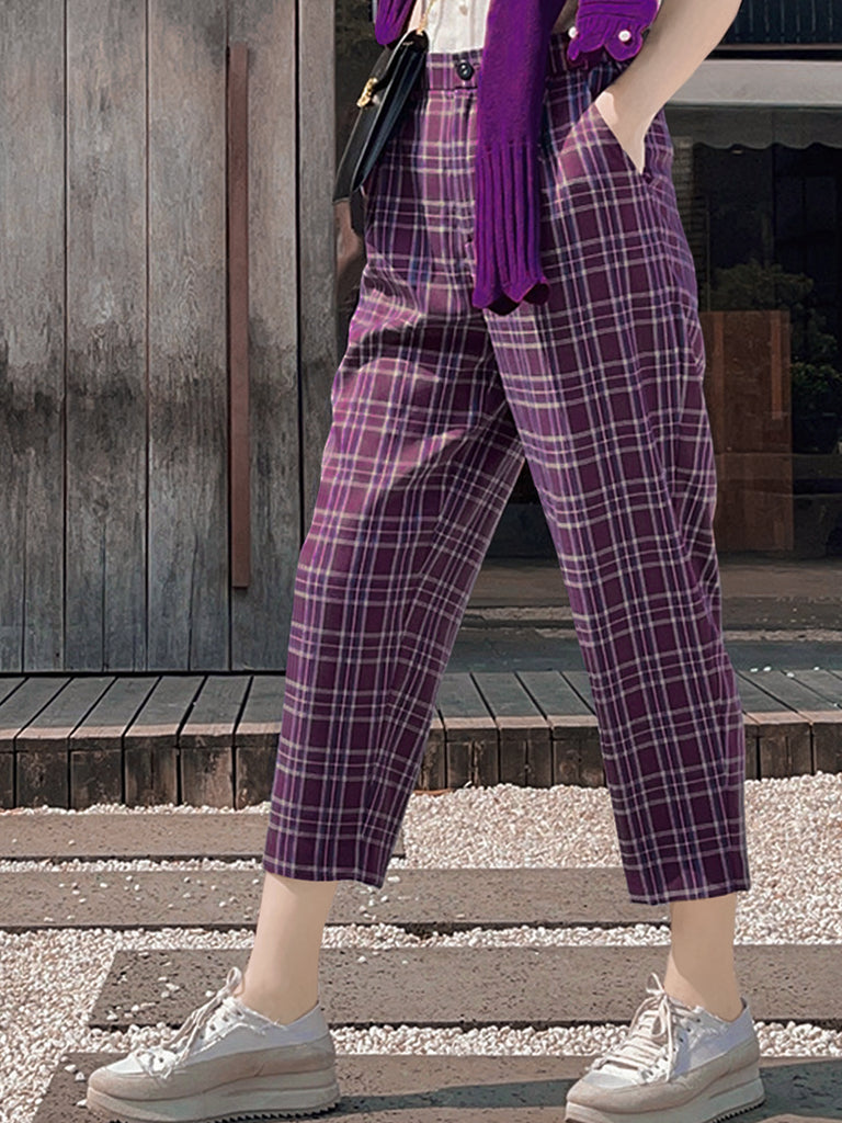 Surprise Sale! Magenta Checks Relax Fit Pleated Crop Trousers