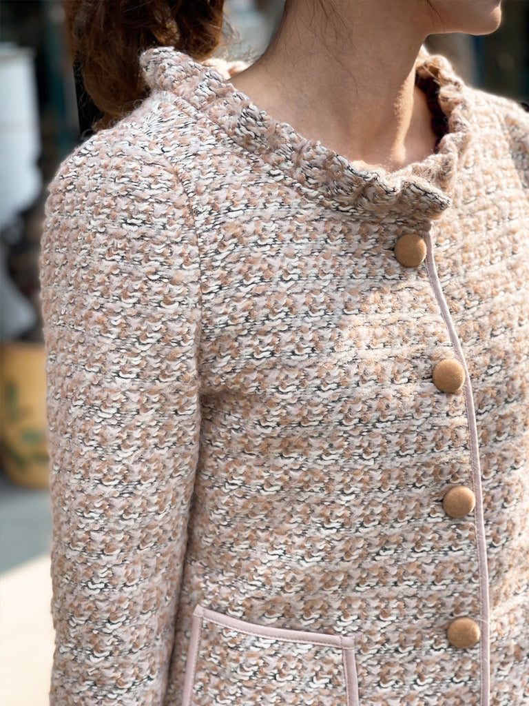 驚喜促銷!桃粉色荷葉邊領口針織毛呢夾克