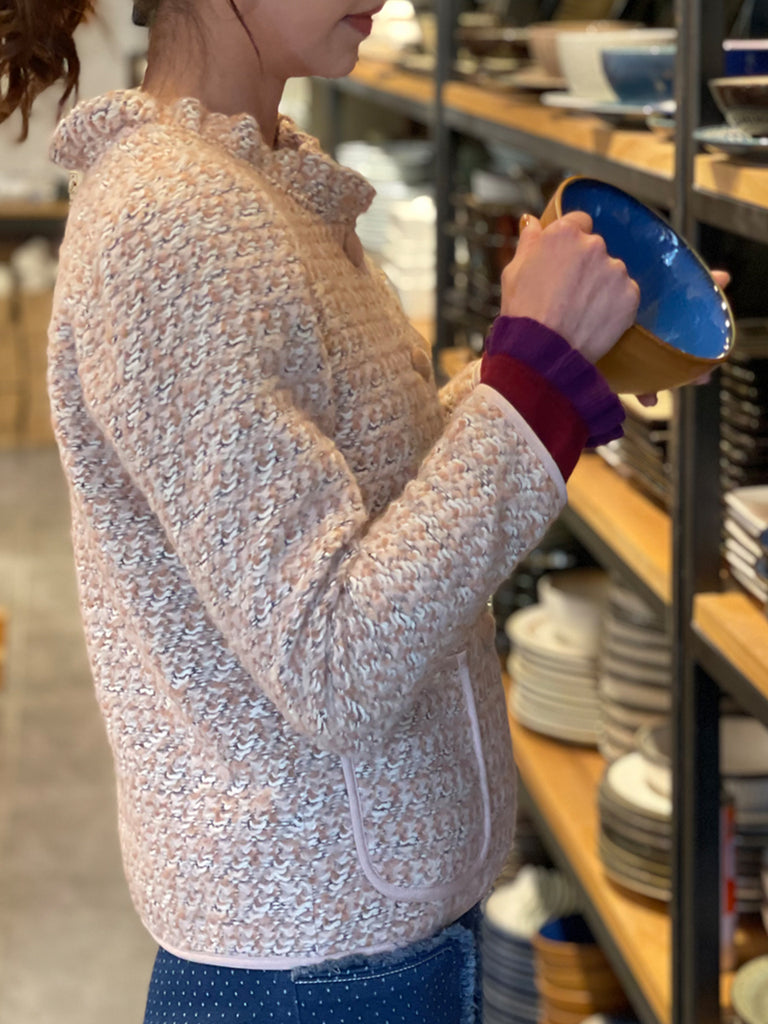 驚喜促銷!桃粉色荷葉邊領口針織毛呢夾克