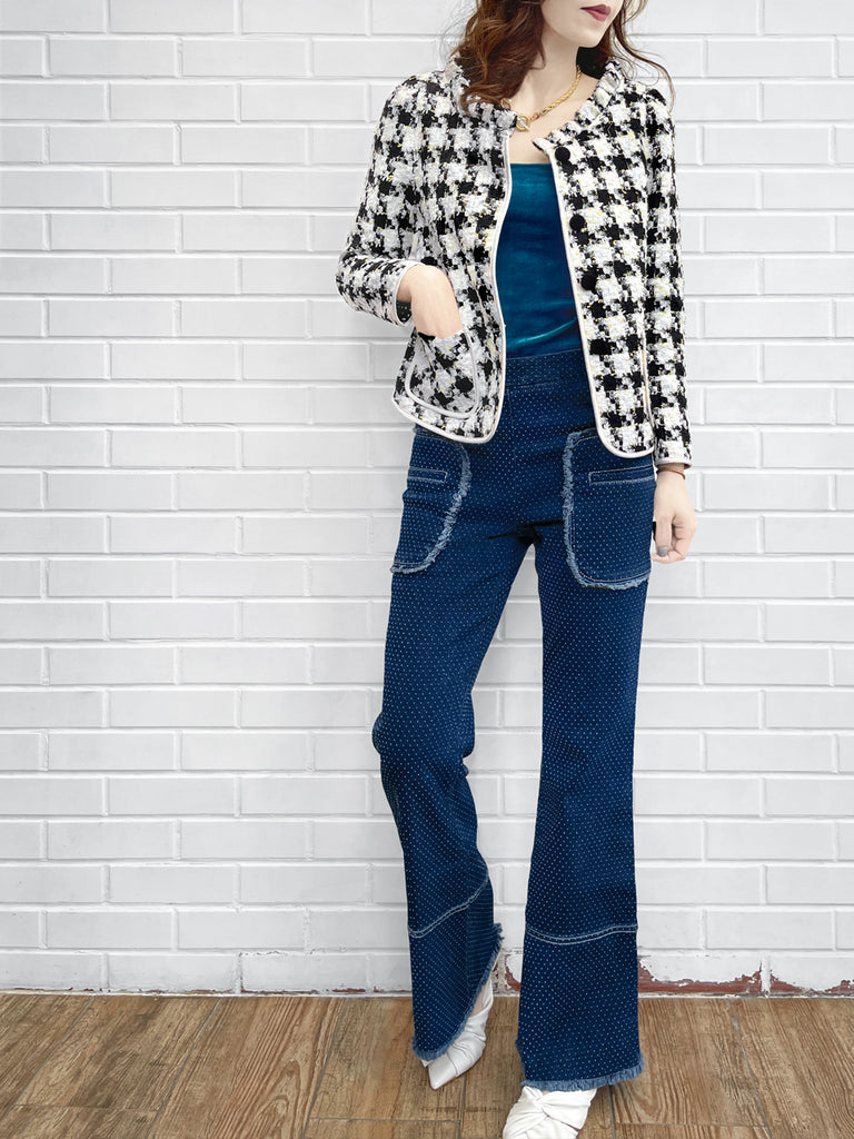 最後的機會!千鳥格荷葉邊領口圈花呢羊毛夾克