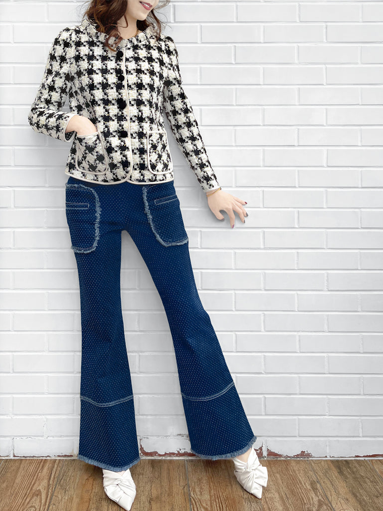 最後的機會!千鳥格荷葉邊領口圈花呢羊毛夾克