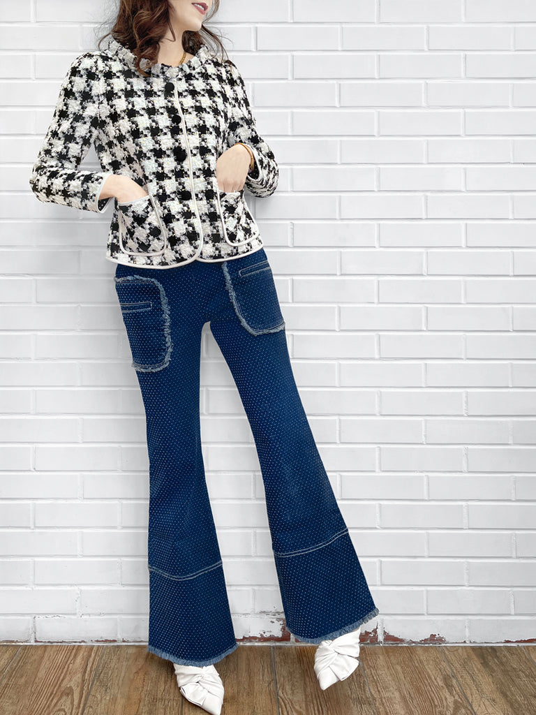 最後的機會!千鳥格荷葉邊領口圈花呢羊毛夾克