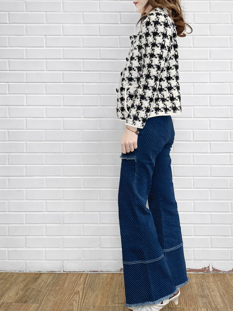 最後的機會!千鳥格荷葉邊領口圈花呢羊毛夾克