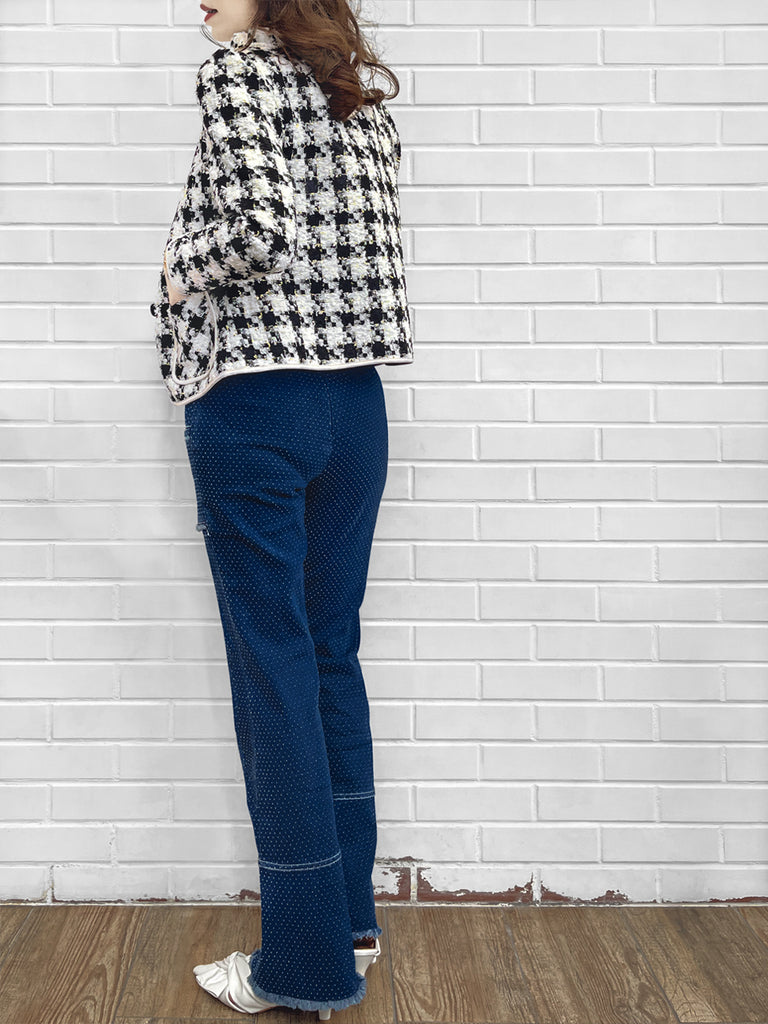 最後的機會!千鳥格荷葉邊領口圈花呢羊毛夾克