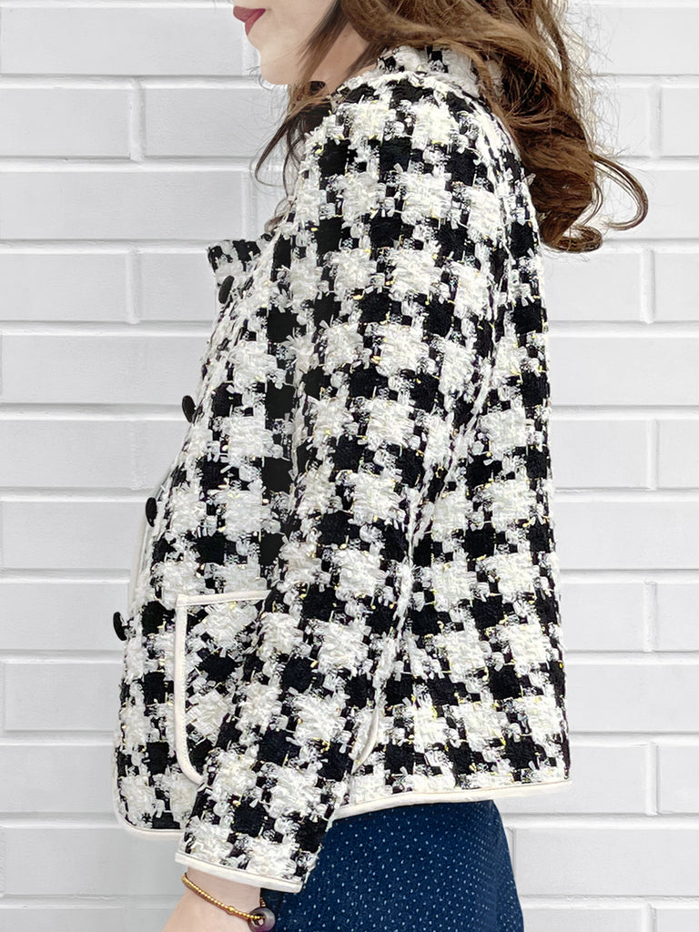 最後的機會!千鳥格荷葉邊領口圈花呢羊毛夾克