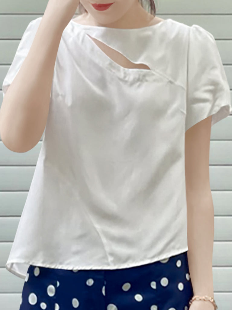 Surprise Sale! Creamy Cut Out Asymmetric Hem Puff Sleeve Top