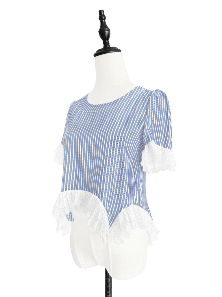 Surprise Sale! White Stripe Mix Detail Asymmetric Hem Ruffle Top