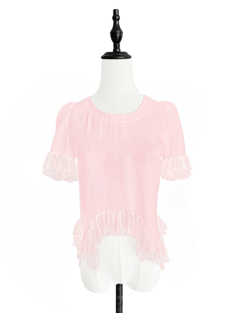 驚喜促銷!色調粉紅混合細節不對稱下擺荷葉邊上衣