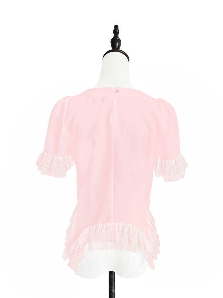 驚喜促銷!色調粉紅混合細節不對稱下擺荷葉邊上衣