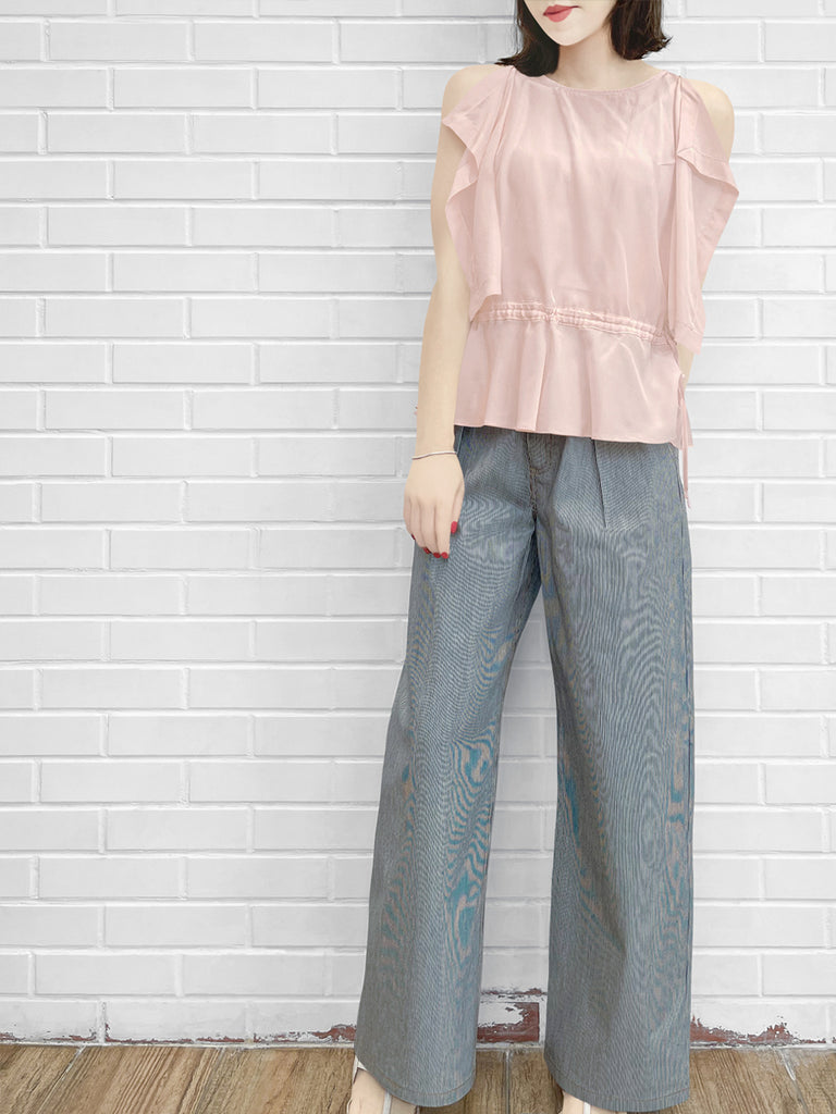 驚喜促銷!淺粉紅色抽繩腰部垂墜邊緣無袖真絲上衣