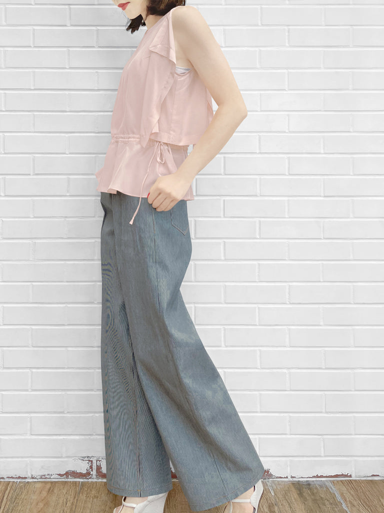 驚喜促銷!淺粉紅色抽繩腰部垂墜邊緣無袖真絲上衣