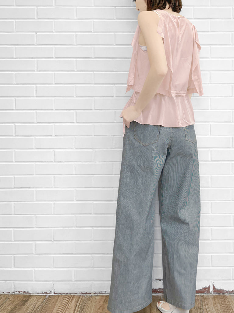 驚喜促銷!淺粉紅色抽繩腰部垂墜邊緣無袖真絲上衣