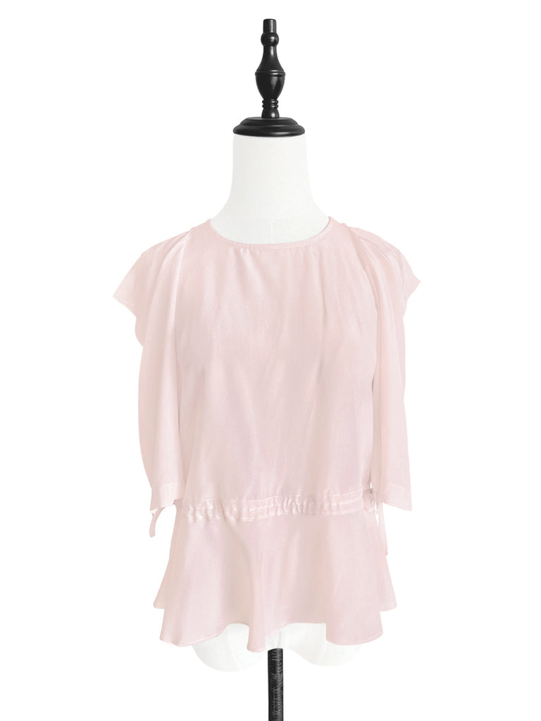 驚喜促銷!淺粉紅色抽繩腰部垂墜邊緣無袖真絲上衣