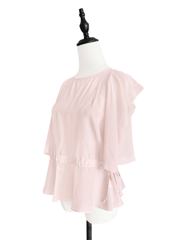 驚喜促銷!淺粉紅色抽繩腰部垂墜邊緣無袖真絲上衣