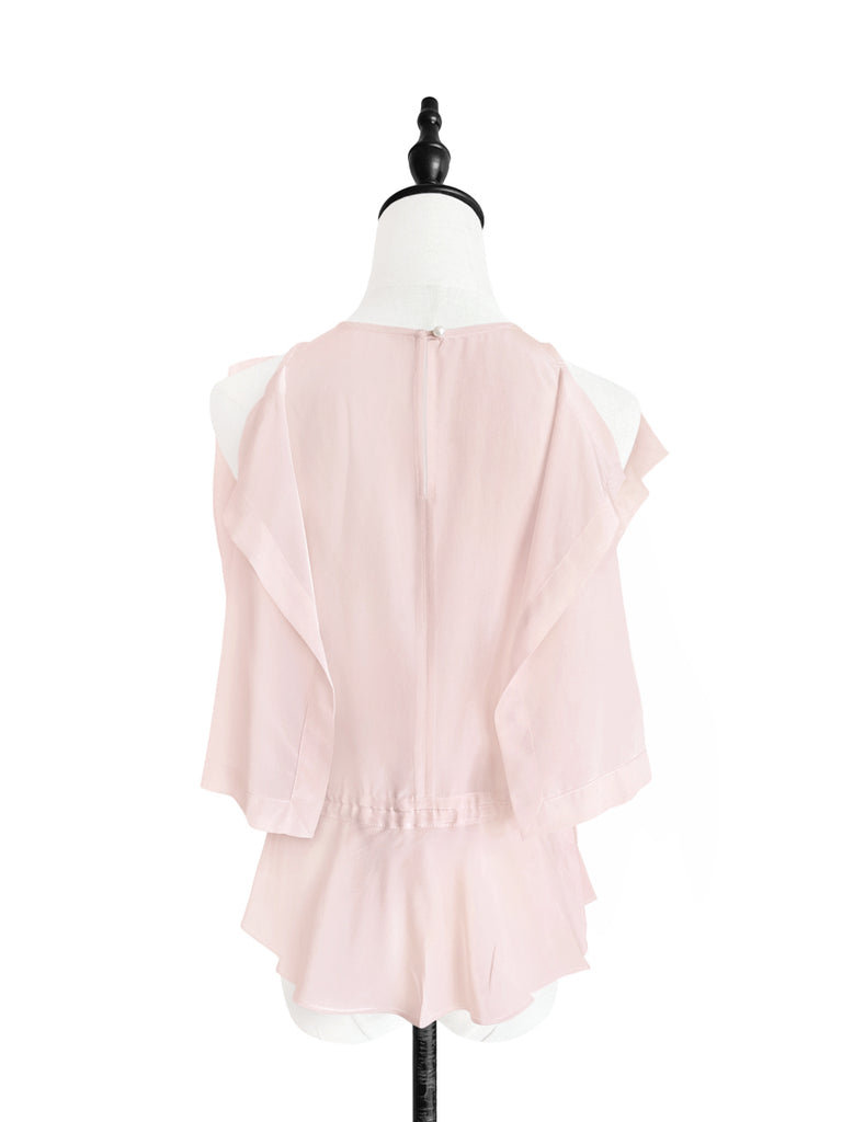 驚喜促銷!淺粉紅色抽繩腰部垂墜邊緣無袖真絲上衣