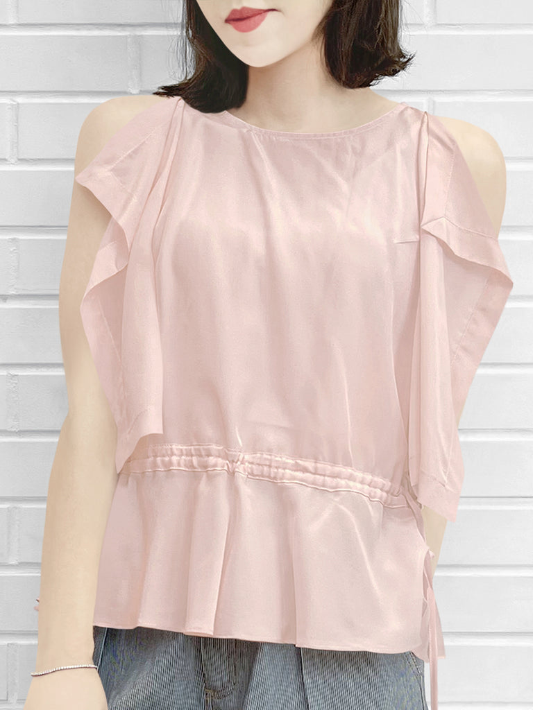 驚喜促銷!淺粉紅色抽繩腰部垂墜邊緣無袖真絲上衣