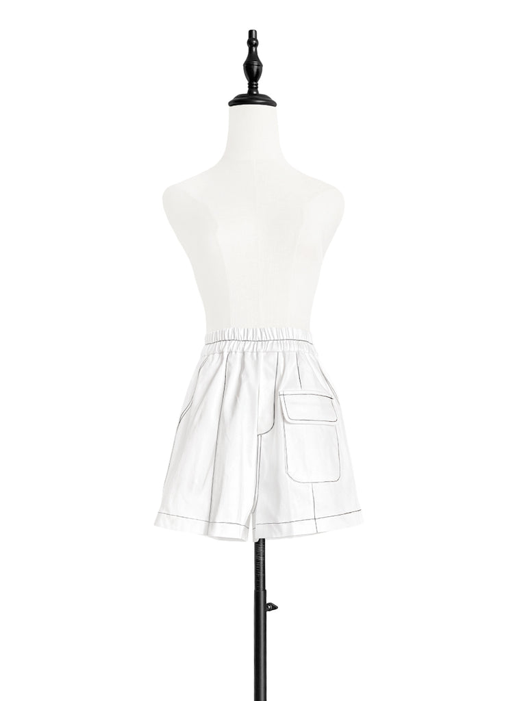 White Contrast Stitch Patch Pocket A-line Twill Shorts