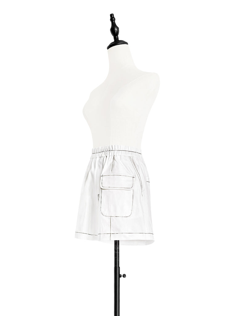 White Contrast Stitch Patch Pocket A-line Twill Shorts
