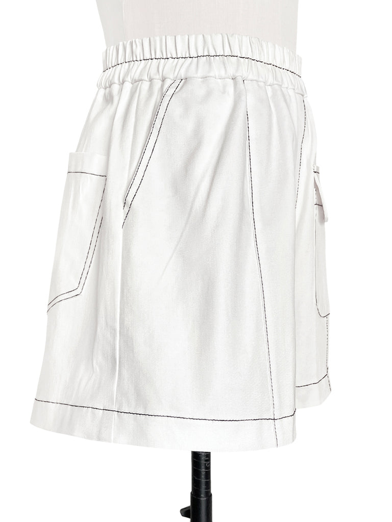 White Contrast Stitch Patch Pocket A-line Twill Shorts