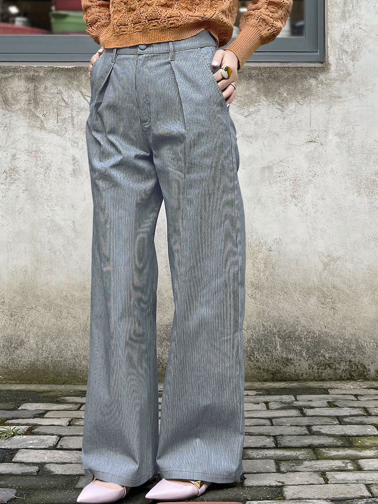 Surprise Sale! Blue Stripe Wideleg Slouchy Logo Embroidery Trousers