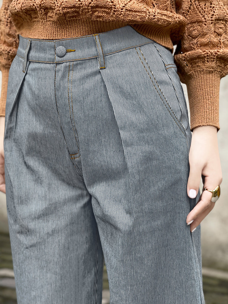 Surprise Sale! Blue Stripe Wideleg Slouchy Logo Embroidery Trousers