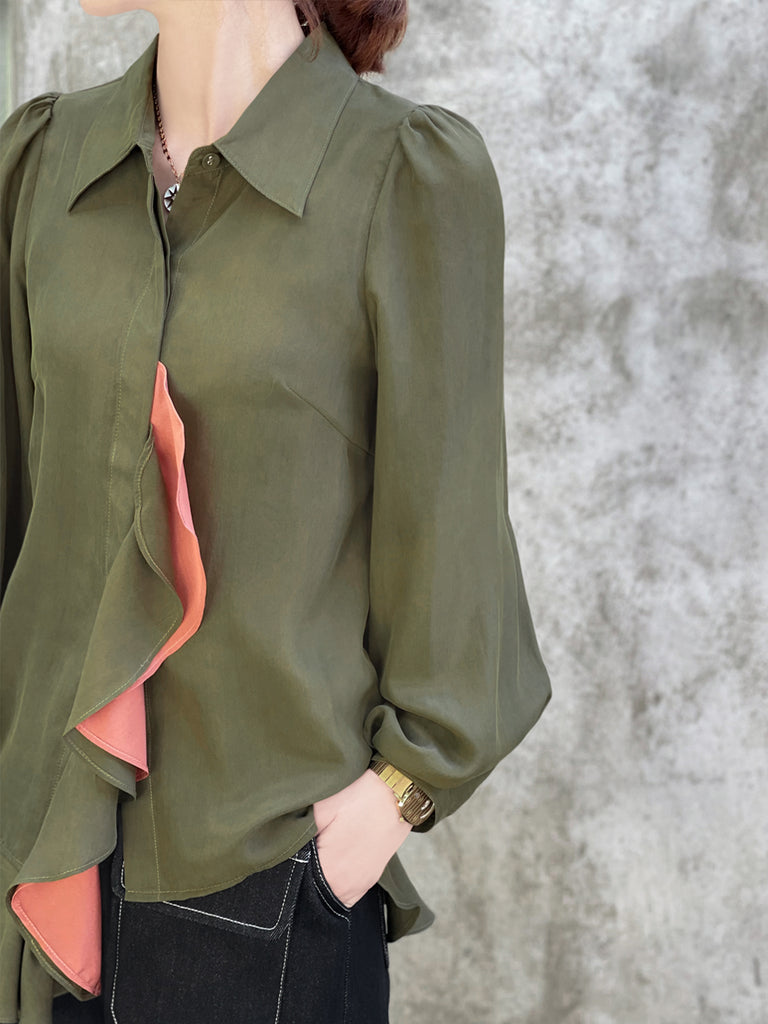 Surprise Sale! Dusted Khaki Asymmetrical Ruffle Silky Overshirt