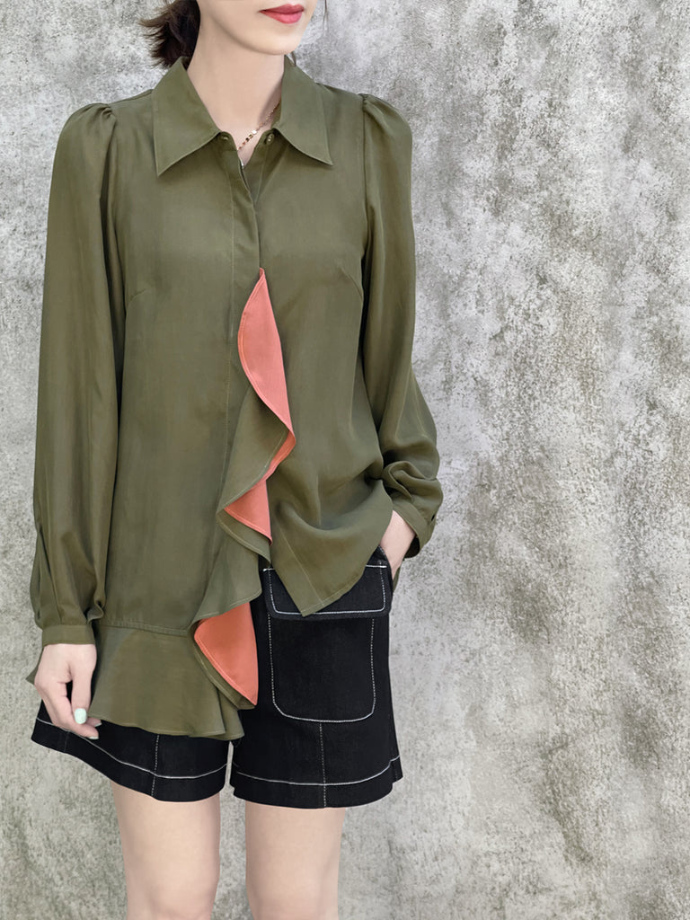 Surprise Sale! Dusted Khaki Asymmetrical Ruffle Silky Overshirt