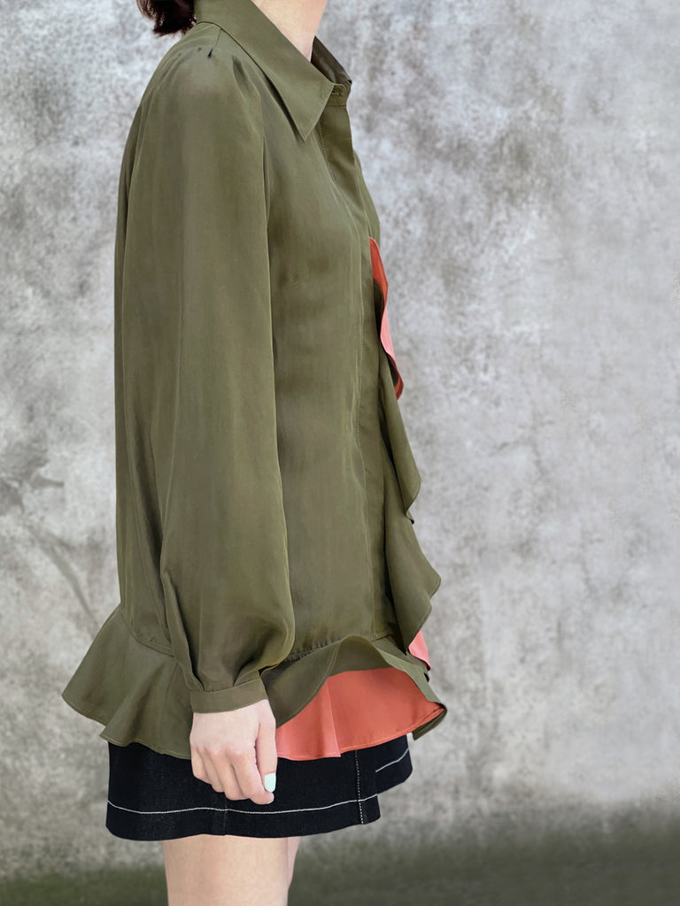 Surprise Sale! Dusted Khaki Asymmetrical Ruffle Silky Overshirt