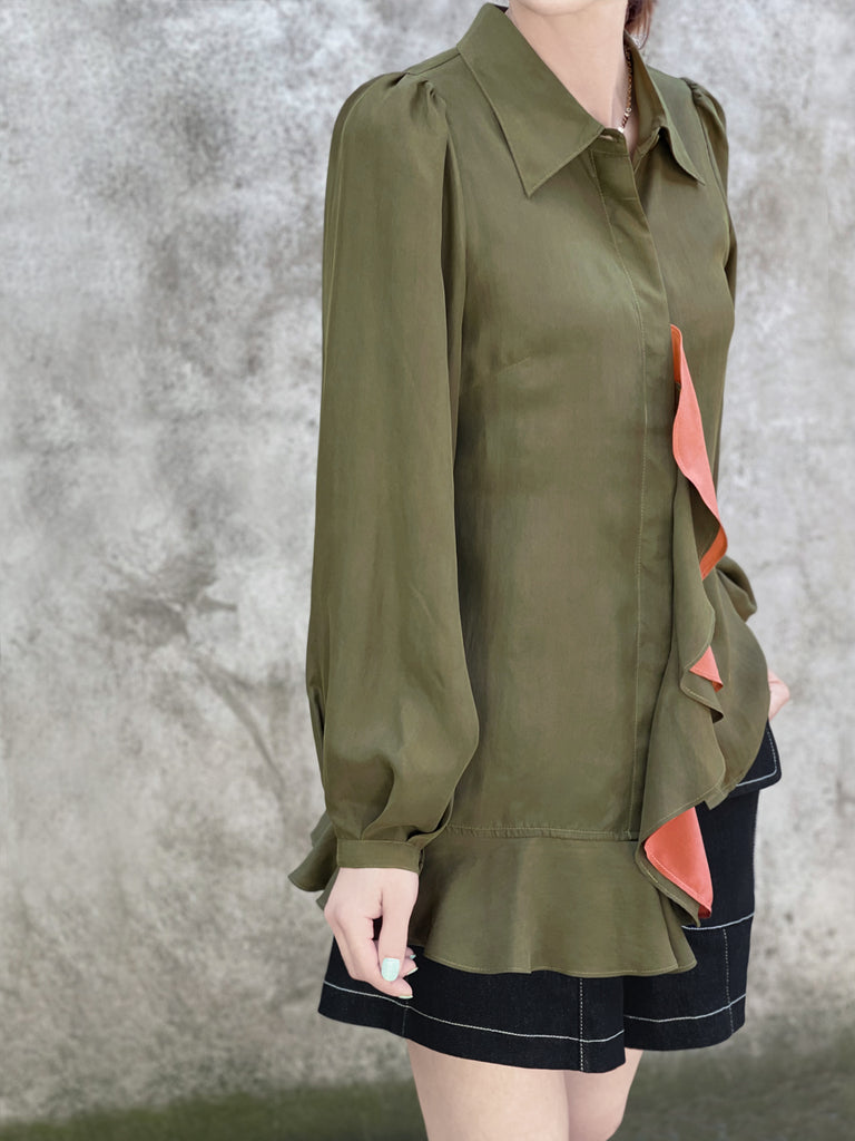 Surprise Sale! Dusted Khaki Asymmetrical Ruffle Silky Overshirt