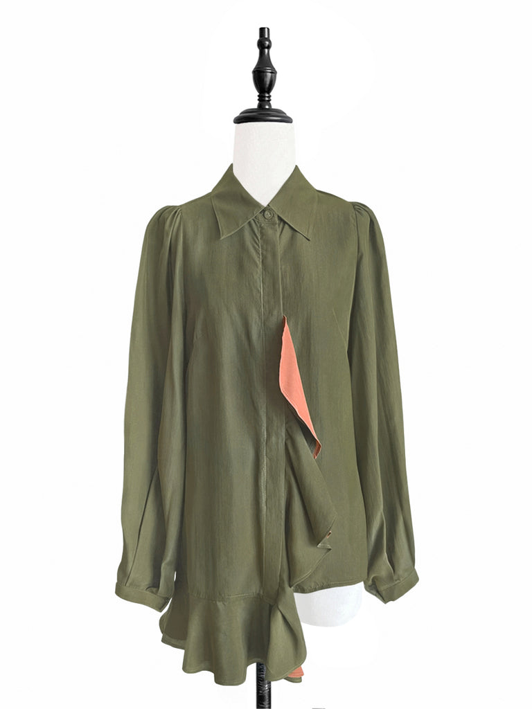 Surprise Sale! Dusted Khaki Asymmetrical Ruffle Silky Overshirt