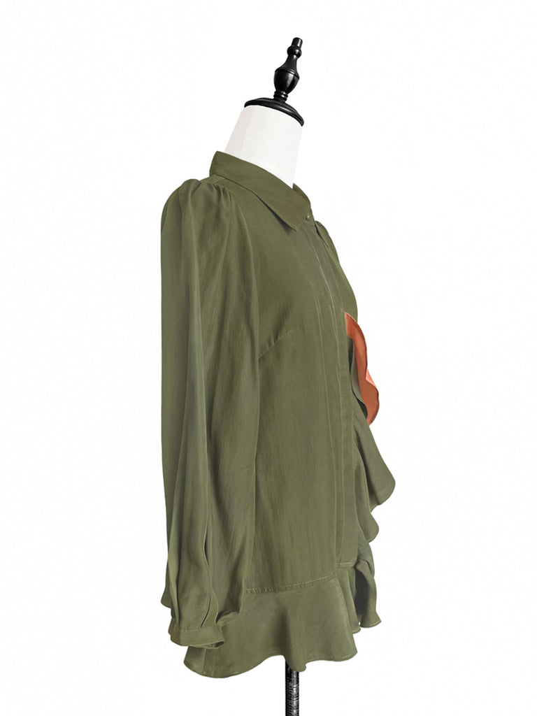 Surprise Sale! Dusted Khaki Asymmetrical Ruffle Silky Overshirt
