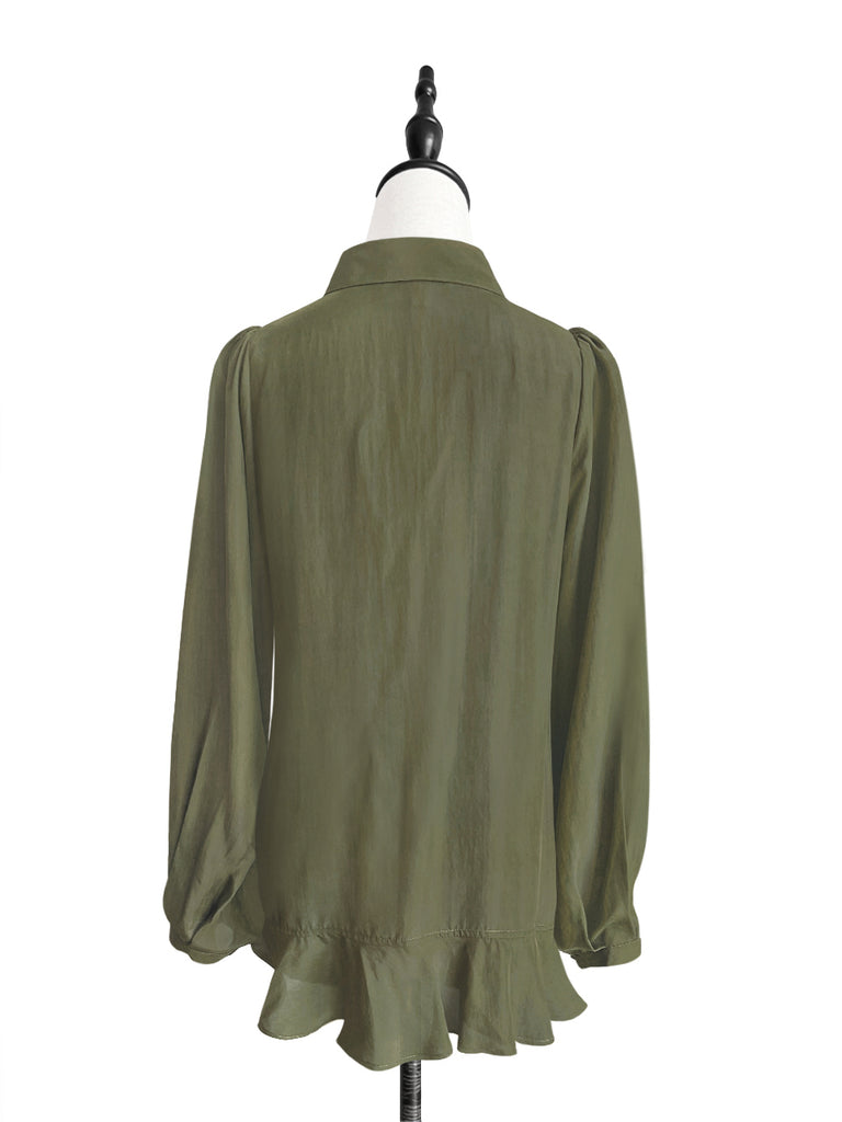 Surprise Sale! Dusted Khaki Asymmetrical Ruffle Silky Overshirt